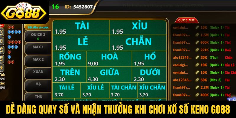 Dễ dàng quay số và nhận thưởng khi chơi xổ số Keno Go88